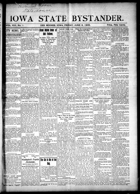Contents include but are not limited to local social news (illnesses, visits, weddings, funerals), church services and programs (St. Paul A.M.E., Corinthian Baptist, Union Congregational), women’s clubs and auxiliaries (Helping Hand Club, King’s Daughters), fraternal events and lodge news (Odd Fellows, Knights of Pythias, Masons), musical and literary programs (lectures, recitals, reading clubs), tributes and obituaries (Mrs. Emma Johnson, Mr. Chas. Williams), regional updates from Des Moines, Albia, Buxton, Colfax, Keokuk, and Iowa City, and other topics.