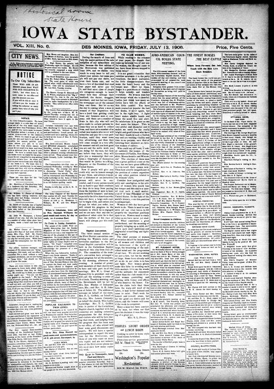 Contents include but not limited to detailed social updates from Des Moines and surrounding towns like Albia, Mt. Pleasant, Ottumwa, and Council Bluffs, including club meetings, church events, personal visits, and picnics. Editorials criticize dishonesty toward creditors and call for moral reform in clubwomen's conduct. A strong appeal supports paying black-owned businesses. Reports highlight preparations for the upcoming Baptist Women's Convention and Afro-American Council meeting. A tragic drowning of seven children in Cedar Rapids is covered, and the Iowa State Fair is promoted for its livestock exhibits, and other topics.