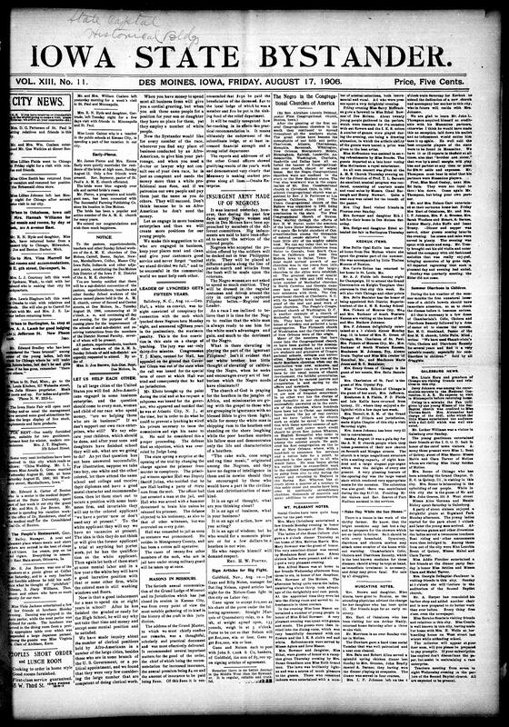 Contents include but not limited to community travel and club updates, including a detailed report on Mr. and Mrs. I. L. Brown’s “China Wedding” anniversary. The Early–Pierce wedding is featured. A strong editorial encourages support for Black-owned businesses and addresses barriers to Black employment beyond menial work. Convention notices include an A.M.E. Sunday School gathering in Des Moines. Local, state, and national updates follow, including lynching trial coverage in North Carolina, Missouri Grand Lodge Masons’ convention, and a controversial plan for African Americans to portray Filipinos at the G.A.R. parade, and other topics.