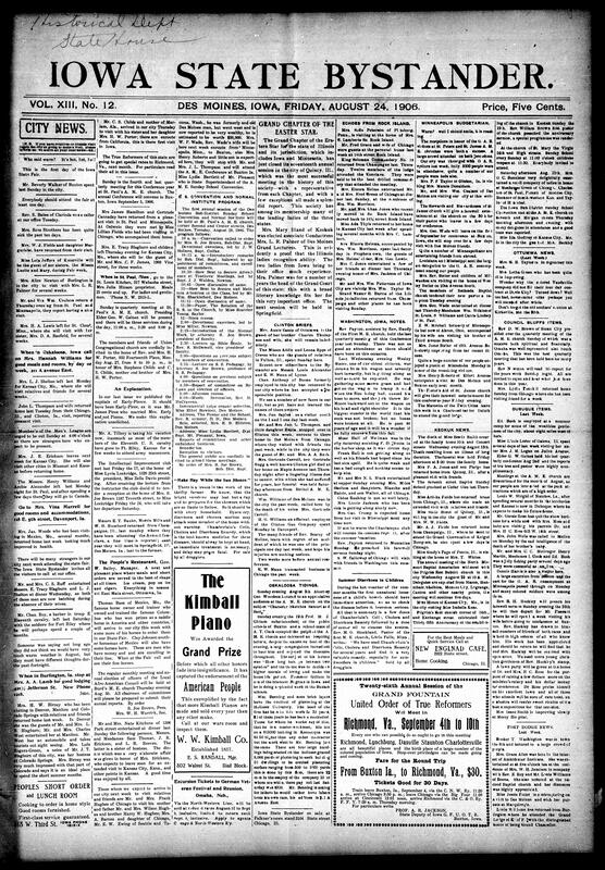 Contents include but not limited to preparations for the Iowa State Fair, numerous travel updates, church notices, and social events across Des Moines and surrounding towns. A correction clarifies the Early–Piree wedding. Editorials strongly urge economic self-reliance and support for Black professionals and businesses. The A.M.E. Sunday School Sub-District Convention is previewed with a full program. The paper honors Black horsemen like Thomas Bass and Clay Johnson. The Afro-American Council schedules its annual meeting. A report from the Grand Chapter of the Eastern Star and a commentary on national race issues are also included, and other topics.