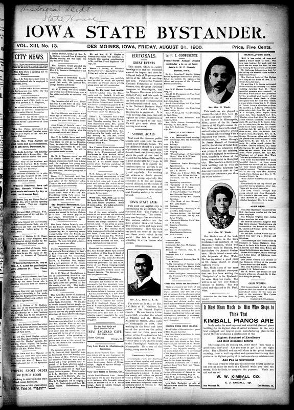 Contents include but not limited to widespread travel, family visits, and church notices across Iowa, including highlights from the Des Moines State Fair. A large reception honors the Alabama-based Childs family, while the Bystander features social events like the I. L. Brown anniversary and the Tolliver–Smith wedding. Mrs. Wade and Rev. G. H. Wade’s achievements in Minneapolis are profiled. Editorials promote education, business, and fall school attendance. The issue outlines the upcoming A.M.E. Conference and Women’s Missionary Society sessions in Buxton and shares community updates from Rock Island, Marshalltown, and Albia, and other topics.