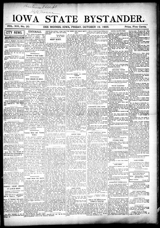 Contents include but not limited to numerous dinners, receptions, and concerts across Iowa, including a “Trip Around the World” musical at St. Paul’s A.M.E., and the Domestic Economy Reading Club’s meeting. Editorials address politics, the formation of Iowa’s first Black Elks Lodge in Buxton, and national race relations featuring letters and editorials by A. N. Johnson and others on Southern violence and Black leadership responses. Notable church and club updates appear from Cedar Rapids, Keokuk, Albia, Moline, Council Bluffs, and Des Moines. Women’s education and career advancement in embalming is also discussed, and other topics.