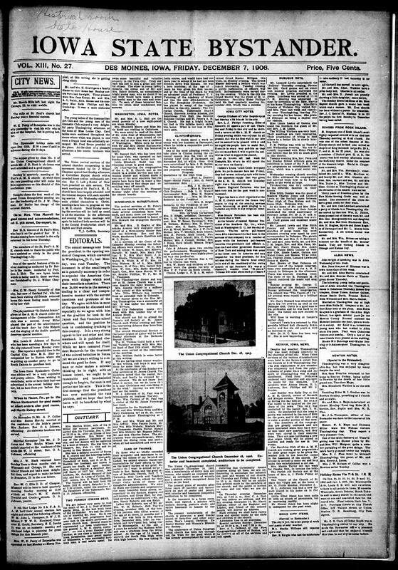 Contents include but not limited to revival meetings at St. Paul’s A.M.E. and Union Congregational churches, Thanksgiving celebrations, and church rallies. Union revival services led by Dr. Chapman and Dr. Butler were well attended, featuring music by Prof. Geo. I. Holt. “Ye District Schule” play and several weddings were held, including Mr. Collier to Mrs. Murphy and Mr. Jones to Mrs. Wilson. Obituary for Matilda Miller is noted. Editorials commend Roosevelt’s anti-lynching stance and criticize racial injustice in the South. Updates include Iowa City, Dubuque, Sioux City, and Minneapolis club and church news, and other topics.