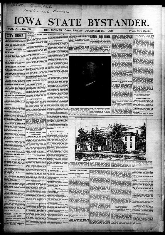 Contents include but not limited to extensive coverage of Christmas and holiday celebrations in Des Moines and surrounding towns. Highlights include formal dinners, musical events, gift exchanges, revival services, and theatrical performances. Social clubs like the Smart Set, Twilight Club, and Domestic Economy Reading Circle hosted elegant gatherings. Several weddings were reported alongside community travel, church announcements, and Masonic activities. The issue features strong commentary on the recent discharge of Black soldiers by President Roosevelt and calls for unity, moral uplift, and economic self-reliance within the Black community, and other topics.