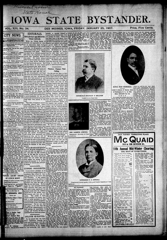 Contents include but not limited to widespread social updates in Des Moines and across Iowa, with weddings (such as Mrs. Harriet Poston and Rev. John Smith), club events, and musical recitals like the Mid-winter Musical hosted at the Blagburn residence. The First African Baptist Church reports a strong revival. Editorials debate Roosevelt's discharge of Black soldiers, condemn preacher lobbying for janitorial posts, and criticize high-society gambling among churchgoers. Lewis E. Johnson of Buxton is selected to lead a $100,000 Y.M.C.A. fundraising campaign in Washington, D.C., and other topics.