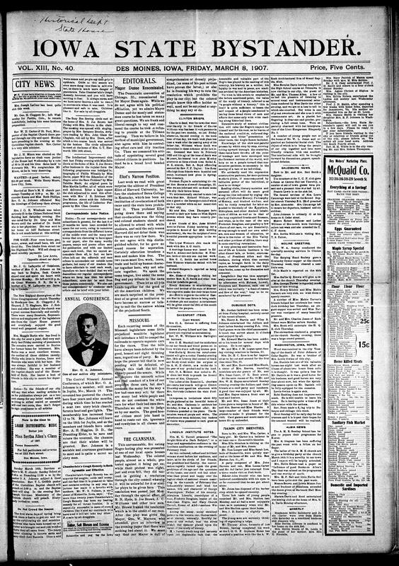 Contents include but not limited to weddings, obituaries, and rich community activity throughout Des Moines, Clinton, Davenport, and other Iowa towns. The Keene–Phillips marriage is noted alongside the sudden death of Mrs. Maggie Burke. Church revivals, club meetings (e.g., Busy Bee Sewing Circle, Intellectual Improvement Club), and educational programs are actively reported. Editorials condemn segregationist plays like The Clansman, defend co-education, and oppose Missouri’s proposed Jim Crow bill. The issue celebrates Rev. O. A. Johnson’s church work and includes cultural commentary on Mary Church Terrell, Booker T. Washington, and historical literacy, and other topics.