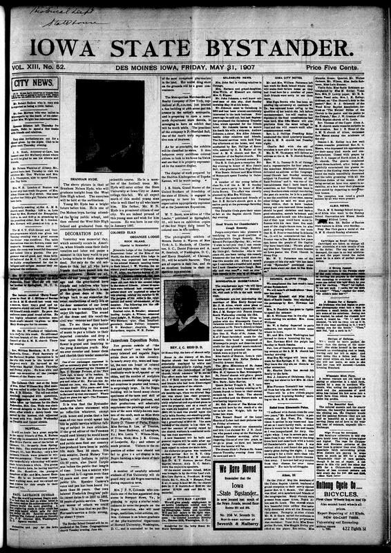 Contents include but not limited to vibrant Decoration Day commemorations, weddings such as that of H. B. Hudson and Miss Kittie Perrin, and widespread social gatherings across Des Moines. The M.C.T. Club’s literary dinner and Alpha Club’s banquet are praised. A.M.E. and Baptist churches host special services featuring speakers like Rev. M.I. Gordon and Rev. Wm. Beckham. Editorials defend T. Thomas Fortune’s long public career and highlight Black art, education, and military service. Young graduate Branham Hyde is honored. National updates include Colored Elks organizing in Rock Island and Negro artists featured at the Jamestown Exposition, and other topics.