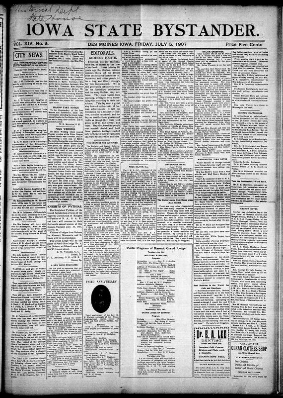 Contents include but not limited to multiple weddings, club events, and musical programs throughout Des Moines, including a Men's League concert, church revivals, and the Newton Masonic band’s first appearance in the city. Sunday school scholars prepare for a spelling bee with prizes. Clubs like the Intellectual Improvement and Cosmopolitan Art Clubs discuss home life and women’s roles, while the Bystander gears up for a special Des Moines edition. Editorials address spring’s arrival, the power of pure thought, and Black support for the Y.M.C.A. in Washington, D.C. National columns critique Southern racism in education, and other topics.