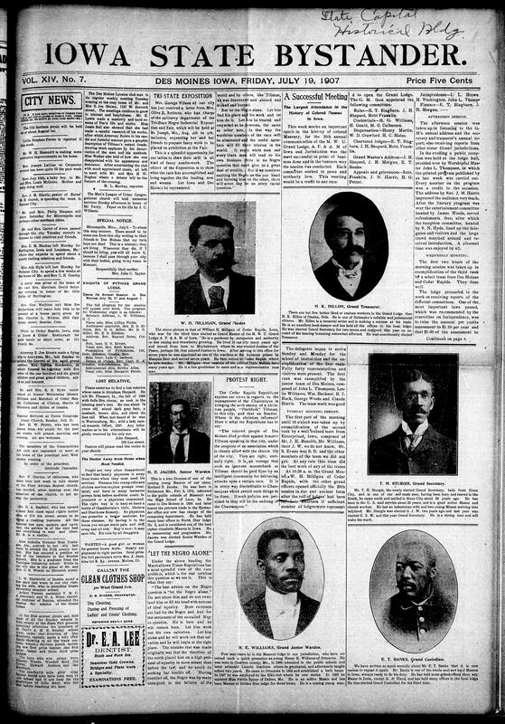 Contents include but not limited to local Des Moines updates on illness, travel, social events, and club meetings. The Des Moines Lyceum hosted a literary evening with Poe readings and denunciations of Senator Tillman’s racist speech. Community events included a house party for Ollie Folks of Burlington, barber D.A. Basfield’s new shop, and a baby boy born to Mr. and Mrs. Louis McGuire. Reports also note Union Congregational memorial services for Mr. Yancy, Tri-State Negro Industrial Exposition preparations, and the Grand Lodge of Colored Masons’ highly successful session in Des Moines, and other topics.
