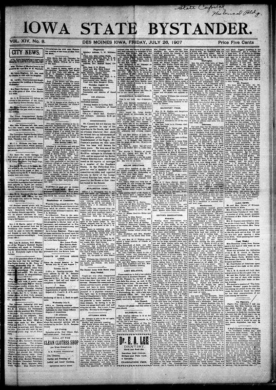 Contents include but not limited to preparations for the upcoming Knights of Pythias Grand Lodge in Des Moines, with a full program of parades, memorials, and receptions. Community highlights include the marriage of Sophia Hunter and Percy Jackson at Enterprise, recitals by the Fields sisters, and literary programs by the Intellectual Improvement Club. Rev. J. M. Harris moves to a new home, while lectures on “A Practical and Theoretical Help of the Negro” are announced. Editorials denounce misrepresentations of Speaker Cannon’s racial views and stress economic enterprise, and other topics.