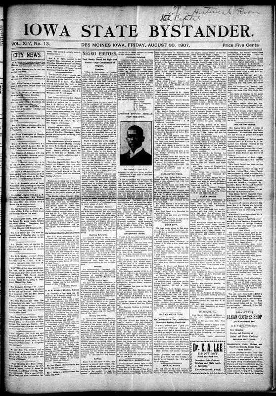 Contents include but not limited to Des Moines social highlights during the State Fair, including teas, dinners, and musicales hosted for visiting guests from Chicago, St. Louis, and Missouri. Clubs like the Alpha and Negro Lyceum held literary and musical programs, while church events at Corinthian Baptist and St. Paul’s A.M.E. featured missionary addresses and a Sunday School picnic. Obituaries include Mrs. Henry Tolliver of Des Moines and Mrs. Marion Rogers of Davenport. The Western Negro Press Association issued resolutions urging westward migration, economic enterprise, and justice for Brownsville soldiers, and other topics.