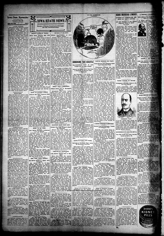Contents include but not limited to the brilliant marriage of Miss Beatrice Hicklin to U.S. naval officer John C. Jordan, attended by prominent Des Moines society and featuring military honors. Obituaries include Mrs. D. Roy and Robert Raikes, whose funeral drew pastors from multiple churches. Clubs such as the Calanan Industrial held meetings, while Sioux City reported new pastoral work and lectures on the “Race Problem.” Editorials highlight President Roosevelt’s Mississippi Valley trip and growth of the Metropolitan Mercantile & Realty Co., promoting Black enterprise. Updates also cover Davenport, Cedar Rapids, and Mt. Pleasant, and other topics.