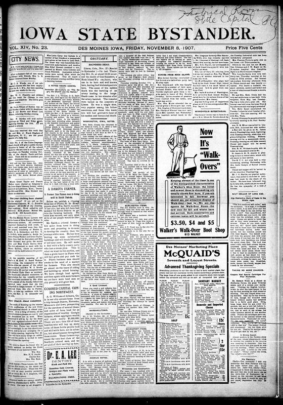 Contents include but not limited to Des Moines news of masquerade parties, concerts, weddings, and visits from Buxton, Chicago, and Washington, D.C. A highlight is the upcoming lecture by Rev. I.L. Thomas of Baltimore on “The Negro, the Church and the Nation,” supported by Des Moines clergy and musicians like Prof. G.I. Holt. Reports note the sudden death of Gus Saunders in Colorado and Isaac Johnson in Keokuk, along with other obituaries. Community updates cover new church openings, farm ventures in South Dakota, and large land purchases by wealthy Black farmers from Georgia, and other topics.