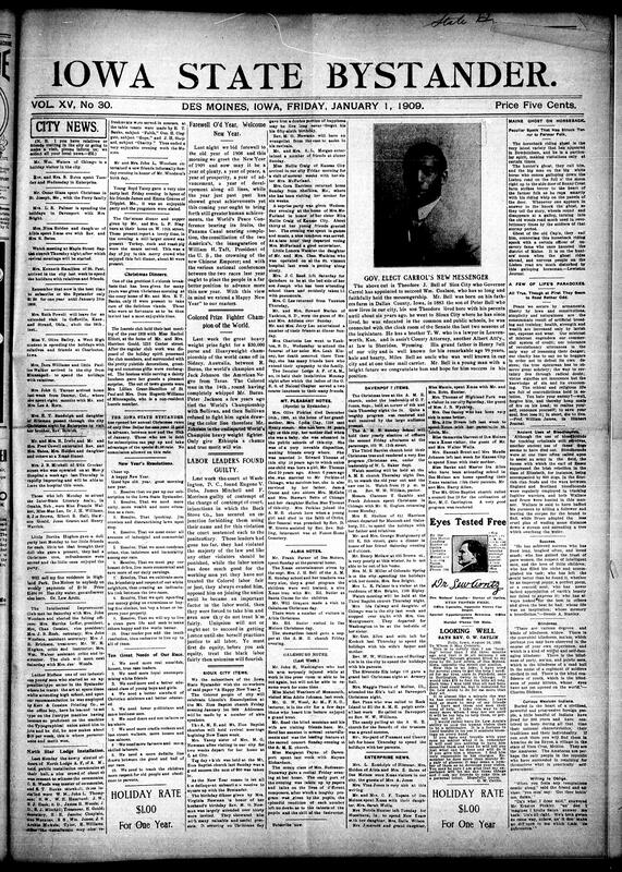 Contents include but not limited to local social news such as holiday visits and community gatherings in Des Moines and surrounding towns, reflections on the New Year with resolutions aimed at racial unity and progress, reports on significant labor union legal cases highlighting issues of fairness toward Black workers, and coverage of a major earthquake disaster in Italy causing massive destruction and international aid efforts. The document also discusses cultural events like church revivals and musical recitals, profiles of notable individuals including a prizefighter champion and public officials, and various human interest stories involving accidents and personal tragedies. Additionally, it touches on scientific observations about meteors and earth changes, philosophical reflections on normality and pleasure, and practical advice for health and daily living. These are presented alongside editorials on race relations, education, and economic development, and other topics.