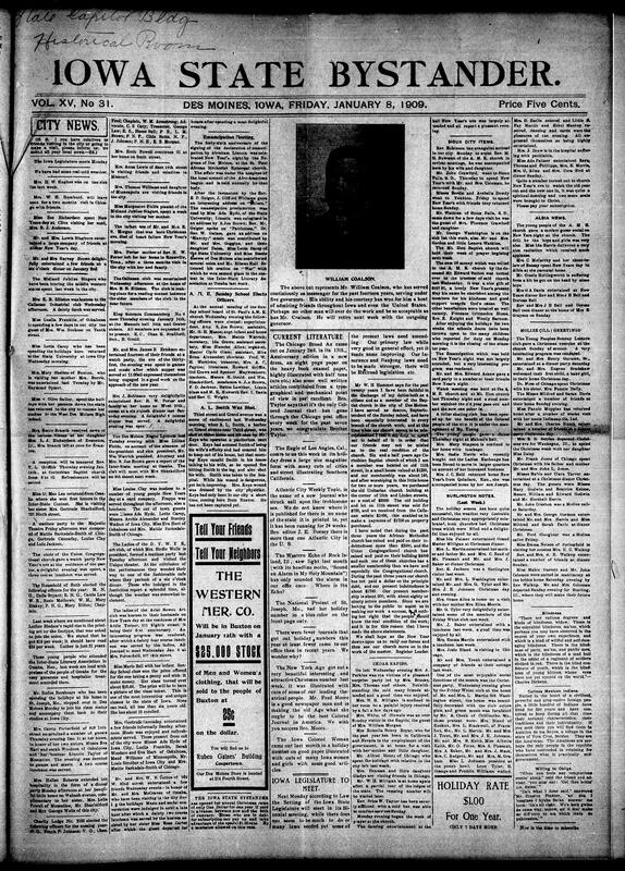 Contents include but not limited to New Year’s social gatherings, dinners, and church programs across Des Moines. The Corinthian Baptist Church prepared for a reception honoring Rev. T.L. Griffith. The Negro Lyceum and clubs such as the Ariel Bowen Art Club, Callanan Industrial Club, and D.Y.W.K. Art Club held meetings and parties. Miss Mae Lee of Omaha won first prize in the Inter-State Literary Association. The A.M.E. Sunday School elected new officers under Supt. S. Joe Brown. The paper reported the shooting of barber A.L. Smith, community news from Cedar Rapids, Sioux City, Burlington, Albia, and Moline, and a holiday press review featuring Black newspapers nationwide, and other topics.