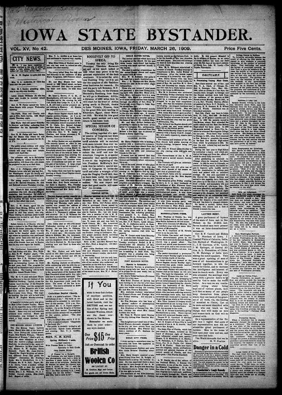 Contents include but not limited to reports on local illnesses and recoveries among community members, religious activities such as prayer openings of the Iowa State Senate and church revival services, social events including birthday parties and club meetings, political developments like the special session of Congress called by President Taft for tariff revision, and discussions on racial progress and challenges faced by African Americans in northern cities. The document also covers legal cases involving forgery and kidnapping, educational initiatives such as a course in politics at Columbia University, and public health advice regarding tuberculosis and colds. Additionally, it touches on agricultural news, infrastructure issues like road bills, and cultural notes about ancient uses of bloodhounds and Mexican Indian traditions, and other topics.
