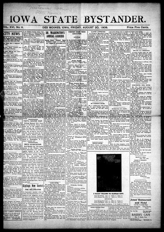 Contents include but not limited to a report on local community news, naming visitors, recoveries, social events, church programs, and receptions, with details about attendees and entertainment. A national address to a business league noting growth in Negro businesses, banks, farms, homes, churches, and literacy, with calls for optimism and constructive programs. State and regional convention programs for a western press association, with session topics, speakers, and schedules. Labor and industry items, including a factory strike by girls over weighing disputes, and a mill destroyed by fire with grain losses and insurance details. Railroad and transportation accidents and legal inquiries, and other topics.