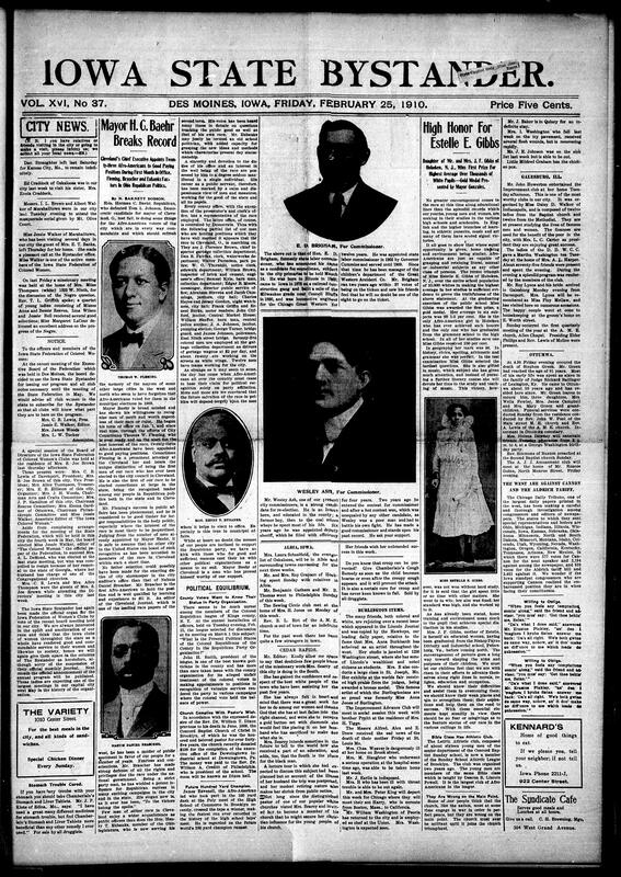 Contents include but are not limited to reports local community news from Des Moines and numerous Iowa and Midwest towns social visits, club meetings, church activities, illnesses and deaths while highlighting organizational developments such as the Iowa State Federation of Colored Women's Clubs executive meetings in Des Moines and the Bystander being named its official organ; it features broader race-related coverage including Mayor Herman Baehre of Cleveland's appointment of 23 African Americans to municipal posts with praise for leaders like Thomas W. Fleming, N. D. Brascher and Henry T. Eubanks, celebrates academic success of Estelle E. Gibbs a Hoboken girl winning highest average among 10,000 pupils and carries and civic improvements the paper also contains numerous local ads and classifieds, medical and household remedy notices and community notices from towns such as Ottumwa, Burlington, Clinton, Fort Madison, and Rock Island.
