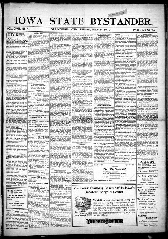 Contents include but are not limited to local news and social updates baout community memebers, church events, and organizations such as Masonic lodges and Lyceums. A major highlight is the detailed report on Jack Johnson's historic victory over James J. Jeffries in the heavyweight boxing championship, emphasizing its significance for African Americans. The paper also covers health adivce, advertisements for medicines like Chamberlain's tablets and Lydia E. Pinkham's Vegetable Compound, and notices about educational and religious activities. Additionally, it features editorials on racial progress, reports on various incidents and accidents around Iowa, political nomincations, and commerical advertisements. The latter part extensively promotes Madam T. D. Perkins' scientific scalp treatements for hair growth, with testimonials and endorsements highlighting her success and reputation.