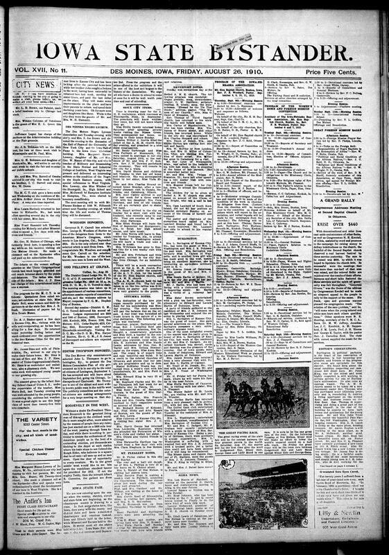 Contents include but are not limited to local news, social events, church activities, and community updates from various Iowa cities such as Des Moines, Ottumwa, Davenport, Burlington, Mt. Pleasant, Albia, Clinton, Dubuque, and Keokuk. It highlights visits, marriages, club meetings, church programs, and personal milestones within the Black community. A significant portion covers the National Negro Business League meeting in New York, featuring speeches by Theodore Roosevelt and Booker T. Washington emphasizing racial progress, economic development, education, and the fight against lynching. Roosevelt also spoke on his western tour about conservation and improving rural life. The paper includes advertisements, health advice, and editorials reflecting optimism for African American advancement through business, education, and civic engagement.
