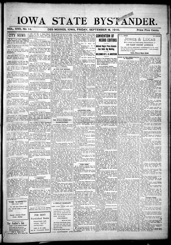 Contents include but are not limited to local Des Moines social and church life, regional religious organizing, and major national news to portary a community both inwardly focused and outwardly engaged intimate items marriages, illnesses, club meetings, Sunday school and stewardess activities, students leaving for college, and business openings sit alongside detailed reports of the Iowa Nebraska Baptist Association in Buxton and the National Negro Press Association in New York emphasizing mission work, fundraising, officer elections and press organization, while national headliness an alleged $173,000 sub-treasury embezzlement and arrest of George W. Fitzgerald, federal indictments of leading meat packing firms under the Sherman Act, a Zeppelin explosion in Baden and election outcomes frame the local and religious news within wider political, economic and technological currents; together the pieces show a community attentive to grassroots social and sipritual life, active in regional and national institutions, and reponsive to major public affairs that could affect economic and civic prospects.