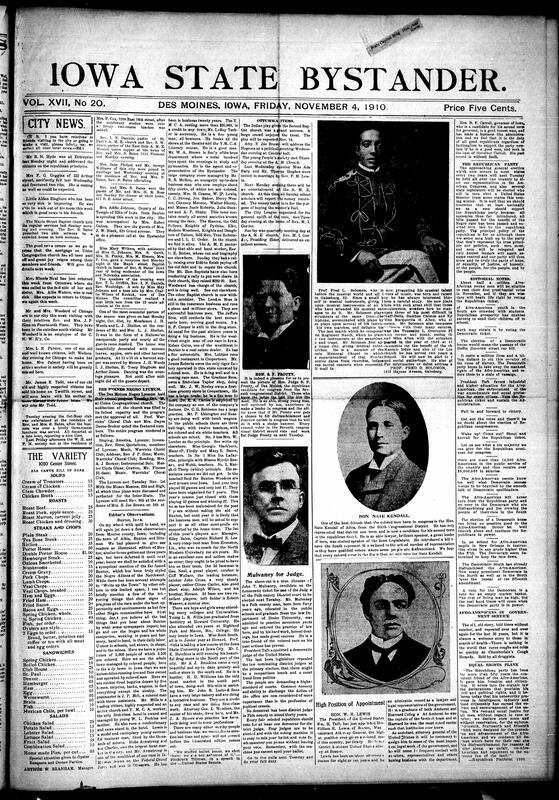 Contents include but are not limited to community oriented weekly for African Americans in Iowa and nearby towns, combining local society columns marriages, receptions, Halloween parties, club and social gatherings in Buxton, Des Moines, Ottumwa, Moline, Burlington, Keokuk, Council Bluffs, etc.), detailed church coverage revivals, baptisms, missionary and lay events, pastor profiles notably Rev. D.E. Butler and celebration of Union Congregational's mortgage being paid off education and civic reporting state teachers association meetings and calls for school health inspections, YMCA/YMCA activities, Lyceum performance, political commentary urging Republican support and noting Theodore Roosevelt's Des Moines schedule, business and economy notes about black owned enterprises and employment, many classifieds and ads farm and land sales, patent and travel offers and abundant medicinal/ product promotions Chamberlain's, Swamp-Root hair and scalp treatments, remedies), plus editorials, humorous items and human interest anecdotes that together reflect the social religious, economic and cultural life and ambitions of its readership.