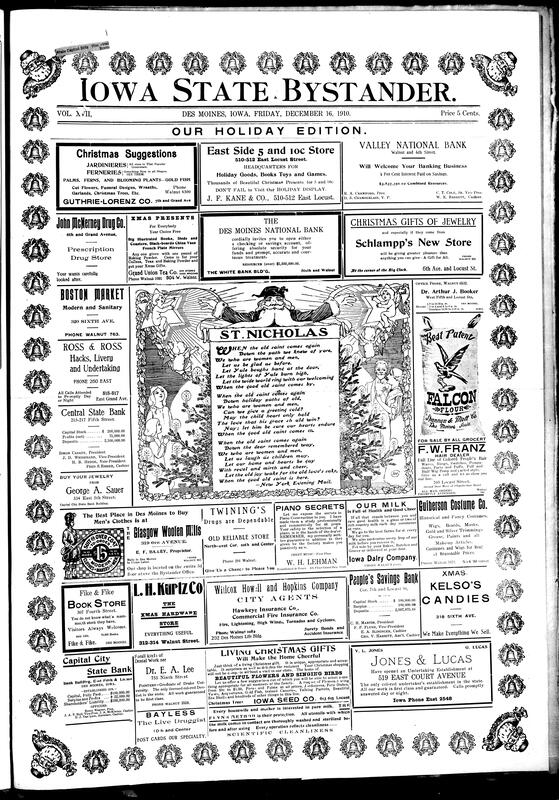 Contents include but are not limited local advertising and community notices with national and internatinal news: it reports the Senate subcommitte finding no preoof of bridbery in Senator William Lorimer's election, President Taft's nomination and the Senate confirmation of Edward Douglass White as Chief Justice, Andrew Carnegie's $10,000,000 endowment to establish a perpetual peace fund, and the safe rescue of 101 people from the steamship Olympic after it wrecked in Alaska. Other national items cover customs fraud prosecutions, the rout of Mexican rebels in Chihuahua, convictions and trails (including ex-Treasurer James N. Huston), and various accidents and legal developments. The paper also highlights Iowa agricutlure coverage of a profitable corn show, awards and purchases of champion grain, and the election of A. Sykes as president of the Corn Belt Meat Producers alongside local human interest pieces, theatre notices, classifieds and advertisements typical of a city weekly.