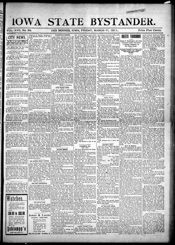 Contents include but are not limited to social updates primarily about African American communities in Iowa and nearyby states, including reprots on church activities, club meetings, weddings, illnesses, and community events.A significant portion covers Booker T. Washington's visit to Des Moines, highlighting his speeches encouraging racial pride, education, self-reliance, and unity among Black people. The paper also discuss organizational efforts like the McKinley Rescue club and plans for a national jubilee commemorating the 50th anniversary of emancipation. Additionally, it includes broader news items such as political developments, legal decisions, labor issues, and international affairs related to Mexico and Japan. There are also serialized fiction excertps, advertisements, and public service notices throughout the issue.