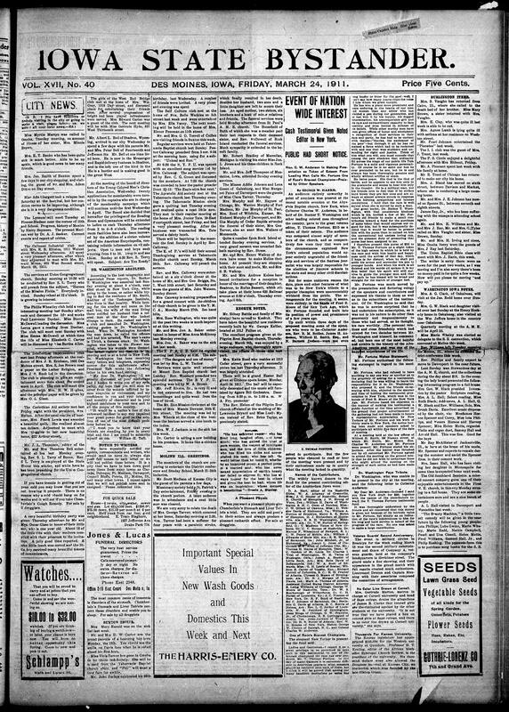 Contents include but are not limited to Iowa towns and other states, including personal visits, club meetings, church activities, illness reports, and community events. Notably , it reports on the assault of Dr.Booker T. Washington in News York City and President Taft's sympathetic letter to him. The paper also covers a testimonial presentation to editor T. Thomas Fortune in New York, labor and legal news such as indictments against Chicago packers, political developments including senatorial votes and educational progress with institutions like Water Normal School in North Carolina. Additionally, there are advertisements for goods and services, health remedies, and announcements about upcoming social functions. The overall tone reflects actie civic engagement, racial uplift effort, and national issues affecting African Americans at the time.