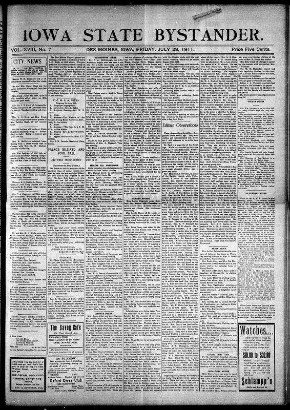 Contents included but are not limited to covering local news, social events, church activities, community gatherings, and notable personalities across various Iowa towns and nearby states. It includes reports on picnics, visits, illnesses, club meetings, and religious services within Black communities in Des Moines, Keokuk, Davenport, Albia, Ottumwa, St. Paul, and other cities. The paper also features a serialized story chapter, advertisements for local businesses, notices about upcoming events like fairs and celebrations, and an important commencement address by Congressman Taylor at Washington High School emphasizing education, race pride, and progress for African Americans. Additionally, there are national news snippets on legal investigations into trusts, health advisories, and cultural observations.