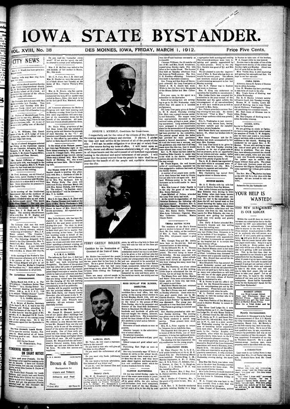 Contents included but are not limited to local news, social events, church activities, political announcements, and community updates relevant to the Black community in Iowa and nearby states. The paper highlights cultural and educational efforts, such as literary clubs, religious meetings, and school improvements, alongside personal notices like illnesses, deaths, and visits. It also features editorials on race relations, legal and professional advancement for African Americans, and commentary on social issues including discrimination and education. Advertisements promote local businesses, products like hair pomades, and upcoming events. Additionally, there are reports on broader topics such as national politics, sports figures like boxer Jack Johnson, and agricultural concerns. The issue encourages community support for the paper through a subscription contest aiming to add 1,000 new subscribers.