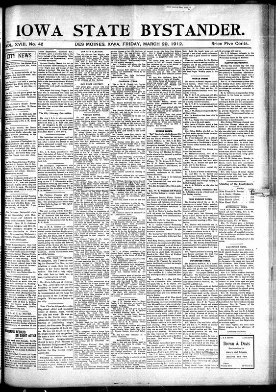 Contents included but are not limited to covering social, religious, and civic life in various Midwestern towns such as Des Moines, Keokuk, Ottumwa, Sioux City, Buxton, and others. It reports on church activities, club meetings, social events, local elections, health updates, missionary work in Africa, racial issues including segregation laws and civil rights struggles, and notable individuals’ achievements. The paper also discusses broader topics like housing conditions for African Americans in the South, challenges faced by the race, and efforts toward self-improvement and education. Additionally, it includes advertisements for hair care products, sewing machines, and other goods relevant to the community.