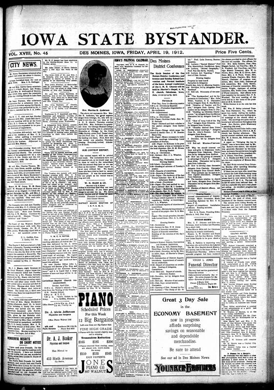 Contents included but are not limited to community news, social events, religious meetings, political calendars, educational updates, and cultural commentary primarily focused on African American life in early 20th- century Iowa and surrounding areas. It includes reports on church activities, club meetings, personal visits, and local politics, alongside discussions about race relations, discrimination (notably in Ogden mining disputes), and the progress of black business and education. There are also reflections on broader social issues such as credit systems, health remedies, and fashion trends. Noteworthy are accounts of prominent figures like Booker T. Washington's Chicago visit, he story of violinist David Mannes' debt to his black teacher Charles Douglas, and developments at Howard University.
