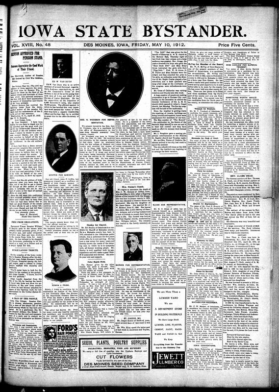 Contents include but not limited to a senator praised by veterans for sponsoring a pension bill and letters of endorsement, a candidate statement and platform for sheriff advocating salary transparency and prisoner food cost accounting, reports on local political candidacies for representative recorder auditor and other county offices with short biographies, reports of revival meetings with baptisms conversions funds raised and visiting preachers, community notes about club meetings school commencements and social events with names of organizers and performers, accounts of legal and criminal proceedings including a banker held responsible by a judge and an indictment for embezzlement, obituaries and funeral descriptions including survivors and floral tributes, and other topics.