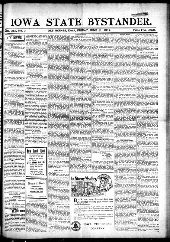 Contents included but are not limited to local news briefs from cities like Des Moines, Buxton, Mason City, Albia, Keokuk, Ottumwa, Cedar Rapids, and others, highlighting social events, church activities, educational conventions, personal visits, health updates, and business developments. The paper reports on fraternal organizations, religious gatherings, and civic meetings, emphasizing property acquisition efforts by groups like North Star Lodge. A major feature is an extensive article on Tuskegee Institute’s industrial education system under Booker T. Washington, detailing its disciplined military-style training, practical farm and shop work, and emphasis on self-sufficiency and uplift for African Americans. Other pieces include editorials on social conduct, anecdotes, advice columns, advertisements for hair care products and services, and notices about upcoming conventions and community events.