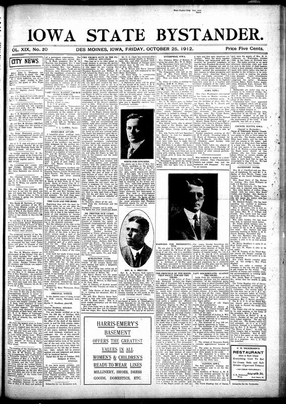 Contents include but are not limited to local news, social events, church announcements, political commentary, and community activities relevant to the Black population in Iowa and surrounding areas. The paper includes reports on club meetings, religious services, personal visits, births, deaths, and celebrations such as silver wedding anniversaries. It also features editorials and articles addressing racial issues, particularly the political situation of African Americans, critiques of Republican and Progressive party policies toward Black citizens, and encouragements for civic engagement. Additionally, there are advertisements, notices and discussions on broader topics like education reform, prison management, public health, and infrastructure improvements in Iowa.