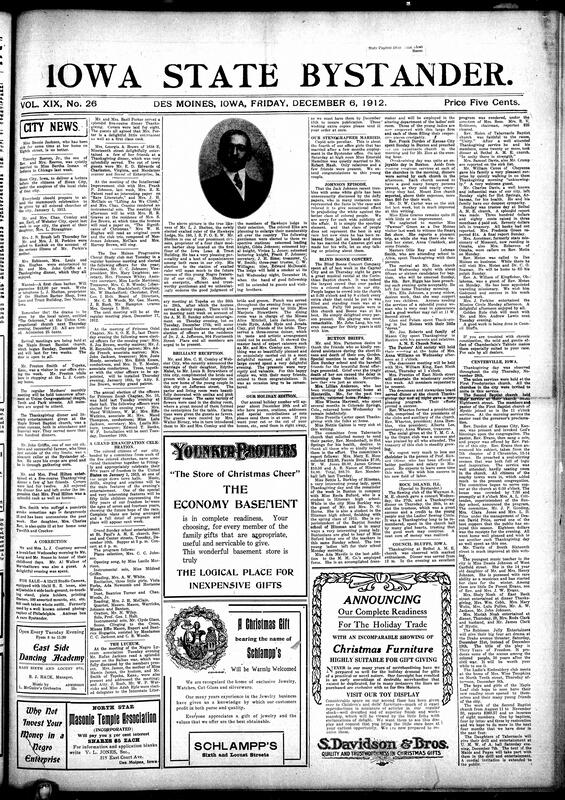 Contents include but are not limited to local news such as social events, club meetings, church activities, weddings, and health updates from various towns including Des Monies, Buxton, Rock Island, Council Bluffs, Galesburg, Dubuque, Clinton, and Burlington. The paper highlights significant community achievements like Booker. T. Washington's report on southern black agricultural progress, the success of Watt Terry, a young black real estate agent, and educational efforts at Tuskegee Institute. It also covers broader topics such as child labor laws, naval reserve organization, road building challenges, and scientific advances. Additionally, it features human interest stories, etiquette advice, humor, and advertisements for local businessses and products.