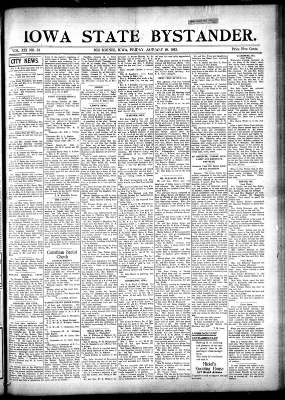 Contents include but are not limited to personal news (illnesses, recoveries, visits from and to out-of-town guests, and family gatherings), local church events and announcements (including sermons, special programs, church elections, and church fires), club meetings and social events (card parties, club dinners, and celebrations), obituary notices of community members, Masonic lodge updates, local political club activities, weddings, and celebrations of the fiftieth anniversary of Emancipation, and other topics.