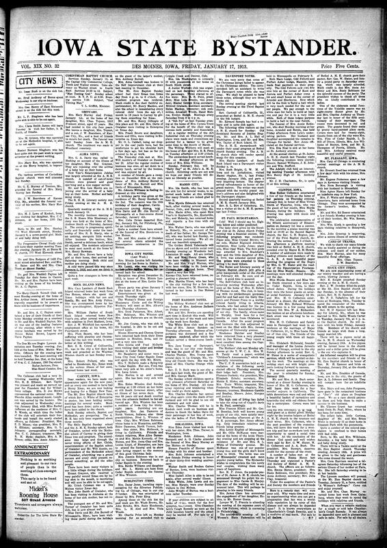 Contents include but are not limited to local social gatherings and club meetings, church news (services, revivals, choir events, fundraising), community and personal milestones (births, illnesses, recoveries, and social visits), obituary notices, news of Emancipation Jubilee celebrations, announcements from the Negro Lyceum Association, literary society events, wedding announcements, and general local news from various towns including Des Moines, Albia, Rock Island, Carney, Mason City, Davenport, Sioux City, and other topics.