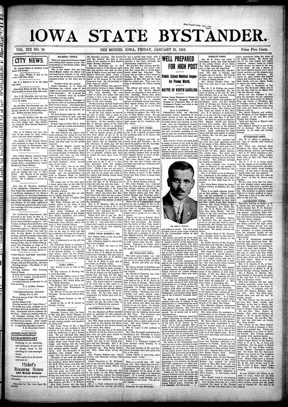 Contents include but are not limited to local social news (birth announcements, illnesses, recoveries, and personal visits), church events and sermons, club meetings (Intellectual Improvement club), special announcements and events at Masonic lodges, legislative actions concerning interracial marriage bills in Iowa, agricultural and business updates, obituaries (including notable deaths), and news from various towns including Des Moines, Colfax, Albia, Buxton, Moberly, Centerville, Sioux City, Mt. Pleasant, Keokuk, Enterprise, and Davenport, and other topics.
