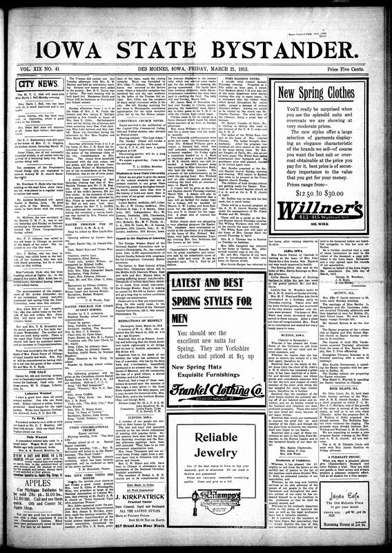 Contents include but are not limited to extensive Easter church service announcements and programs across several denominations (including Corinthian, Union Congregational, and St. Paul AME), local social news (illnesses, recoveries, births, weddings, visits, and family gatherings), club meetings and social entertainments (R. C. Embroidery Club, Intellectual Improvement Club, Progressive Choral Study Club, Trustee Aid Society), obituary resolutions and tributes (e.g., W. G. Mott, Anna Cary), community engagement with college education (students at the State University of Iowa), advocacy for foreign missionary relief efforts, political updates including speeches by African American lawyers, and news from multiple towns (Des Moines, Buxton, Albia, Clinton, Fort Madison, Quincy, Rock Island, and others), and other topics.