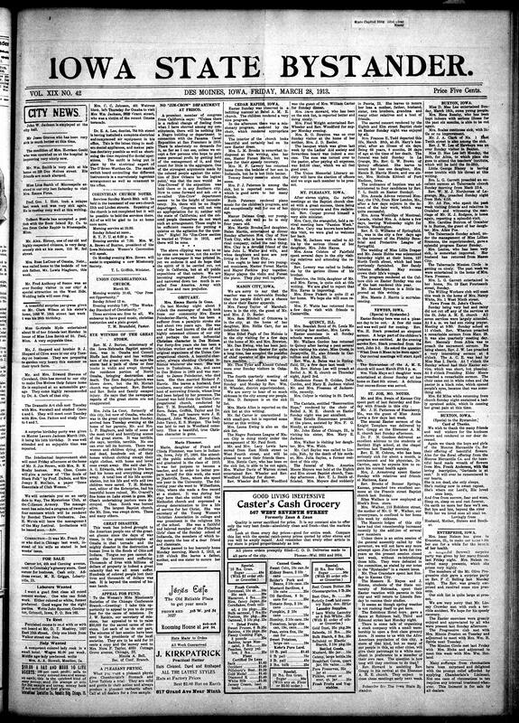 Contents include but are not limited to local social news (illnesses, visits, birthday celebrations, and family events), detailed reports on the aftermath of the Omaha tornado (including damage to churches and residences), Easter Sunday services and programs at various churches (Corinthian, Union Congregational, Bethel A.M.E.), club meetings (Intellectual Improvement Club, Dramatic Art Club, Progressive Choral Study Club, Birthday Club), obituaries and funeral reports (Mrs. Emma Poindexter-Harris, Marie Flummer, Mrs. Frances H. Todd, Mrs. America Moore Meyers), calls for missionary fundraising, commentary on racial segregation in the 1915 San Francisco Exposition, and community updates from Des Moines, Buxton, Mason City, Mt. Pleasant, Quincy (IL), Newton, Enterprise, and St. Joseph (MO), and other topics.