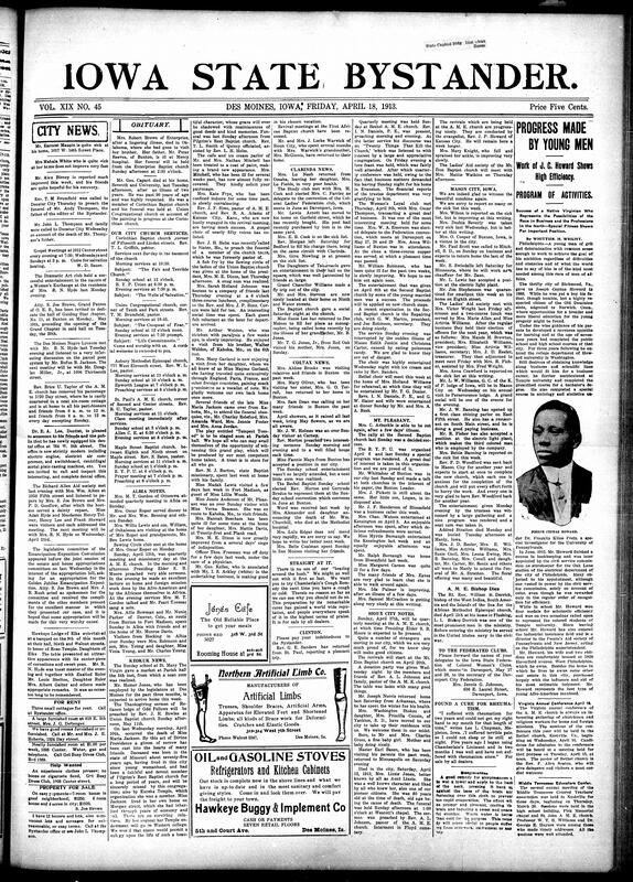 Contents include but are not limited to local social news (illnesses, visits, birthday and dinner parties, wedding announcements), church services and religious activities (including multiple congregations such as St. Paul A.M.E., Maple Street Baptist, Corinthian Baptist, Union Congregational, and Bethel A.M.E.), club meetings and entertainments (Richard Allen Aid Society, Sewing Circle Club, Dramatic Art Club, Study Club, Women's Loyal Club, Des Moines Negro Lyceum, Daughters of Tabernacle), out-of-town visitors and travel news, detailed obituaries and funeral notices across Iowa towns such as Keokuk, Albia, Clarinda, Mason City, Mt. Pleasant, Clinton, and Sioux City, news of social activism including legislative advocacy for the Golden Jubilee Emancipation Exposition, updates on school conventions, property rentals and sales, reports on revivals and quarterly meetings, announcements of deaths and illnesses across multiple towns, and other topics.