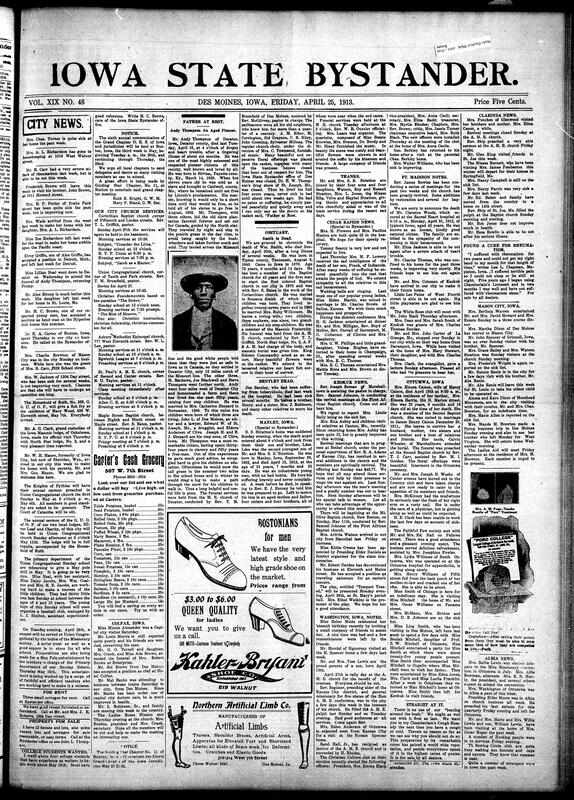 Contents include but are not limited to local social news (illnesses, visits, travel updates, and funerals), church services and religious activities (including St. Paul A.M.E., Asbury Methodist Episcopal, Union Congregational, Maple Street Baptist, and Corinthian Baptist), club meetings and entertainments (Household of Ruth, Union Congregational Missionary Society, Christian Culture Club, White Rose Club, Sewing Circle Club), out-of-town visitors and travel reports from Buxton, Mason City, Des Moines, and Ottumwa, detailed funeral tributes to prominent community members including Andy Thompson and William Smith, preparations for the Grand Chapter of the O.E.S. to be hosted in Buxton, club officer elections and activities among women-led civic and social groups, property for rent and sale notices, and reports of revival services, missionary talks, and social club gatherings in Keokuk, Colfax, Clarinda, Albia, Washington, Mason City, and Cedar Rapids, and other topics.
