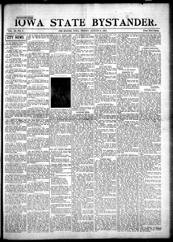 Contents include but are not limited to local social news (illnesses, travel, weddings, picnics, club events, and church receptions), religious services and meetings (Union Congregational, Bethel A.M.E., multiple Baptist churches), club activities and entertainments (Golden Leaf Club ball, Missionary Society gatherings, Lyceum Association), regional updates from Buxton, Mt. Pleasant, Ottumwa, Council Bluffs, Fort Dodge, and Clinton, announcements of the upcoming National Baptist Convention and Masonic conclaves, public tributes and community planning events, and other topics.
