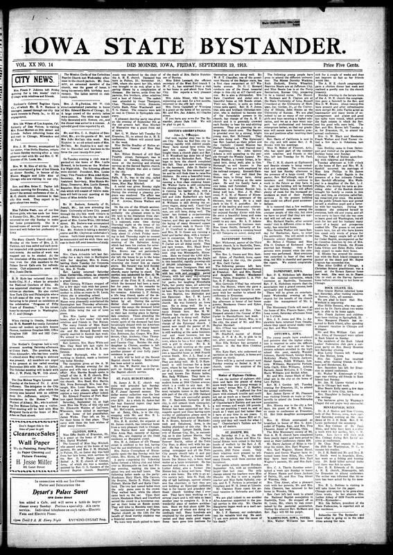 Contents include but are not limited to social news (visits, birthdays, weddings, travel, funerals), church and religious activities (A.M.E. conference in Evanston, local services and receptions), women’s club meetings and educational programs (Mary Church Terrell Club, Mothers’ Congress), business updates and travels (R.N. Hyde’s tour for soap promotion), regional updates from Clinton, Davenport, Mt. Pleasant, Ottumwa, Washington, Rock Island, and St. Joseph, commentary on health, education, and race progress, and other topics.