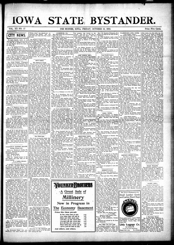 Contents include but are not limited to the passing of Mrs. Jane Robinson, a pioneering church leader in Des Moines; Mrs. Luella Webb’s sudden death; and Mrs. Anna McClain, a long-time resident and devout Baptist. News covers weddings, club meetings (such as the Mother's Congress and H.B.S. club), and entertainment events like Prof. McGirt’s poetry recital. Social updates from Galesburg, Fort Dodge, Oskaloosa, Washington, and Albia highlight community dinners, visiting relatives, and church activities. Notably, editor John L. Thompson praises Black agricultural achievements in Missouri and shares updates from towns like Paris and Moberly. Also included are ads, anecdotes, and a government notice on May beetles damaging crops, and other topics.