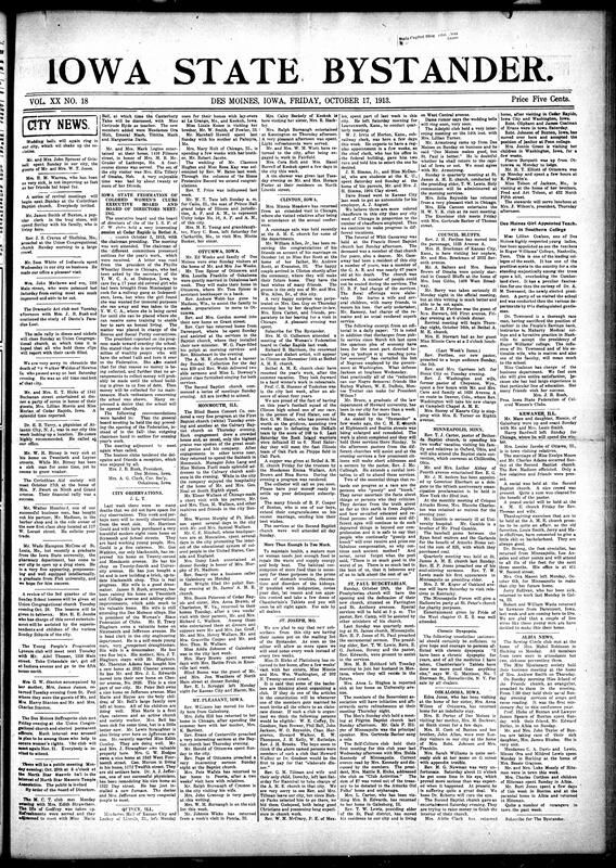 Contents include but are not limited to local social news (weddings, dinners, illnesses, property purchases), church activities and revivals (Corinthian Baptist, Second Baptist, Bethel A.M.E.), club meetings (Mother’s Congress, Suffragette Club, Women’s Federation), regional updates from Ottumwa, Clinton, Mt. Pleasant, Council Bluffs, and Monmouth, national commentary on federal discrimination in employment, tributes to community leaders and visiting lecturers, and other topics.
