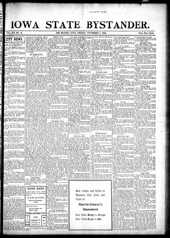 Contents include but are not limited to local social news (illnesses, visits, funerals), church activities and revivals (A.M.E., Baptist churches), women's club meetings (Embroidery Club, Mite Missionary, Whist Club), fraternal events (Odd Fellows, Elks, Mecca Athletic Club), lectures and community programs, regional updates from Des Moines, Buxton, Clinton, Albia, Macon, Oskaloosa, and others, Halloween parties, and obituary notices, and other topics.