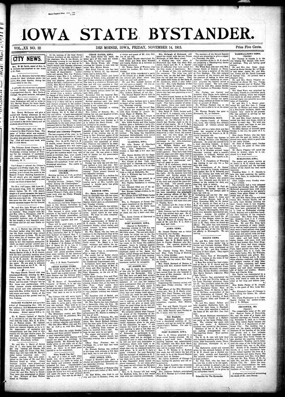 Contents include but are not limited to local social news (visits from Buxton, New Jersey, and St. Paul; illness reports and church baptisms), church activities and events (revivals, Sunday school talks, missionary meetings), women’s clubs and auxiliaries (Mary Church Terrell Club, Social Science Auxiliary, Culture Club), fraternal and literary events (Citizen’s Banquet, City Convention of Literary Clubs, Princess Zorah O.E.S.), regional updates from Cedar Rapids, Keokuk, Fort Dodge, Clarinda, Albia, Burlington, Fort Madison, Moline, Marshalltown, Minneapolis, and St. Joseph, and other topics.